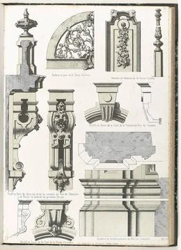 Architectural elements of porte-cochere, ground floor and first floor. Top... Stock Photos