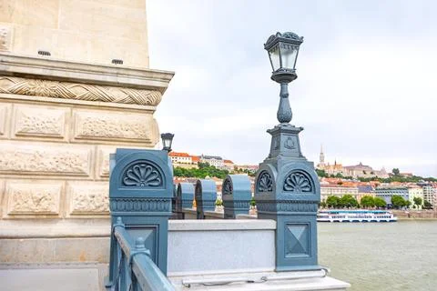 Architectural elements of Szechenyi Chain Bridge in Budapest Stock Photos