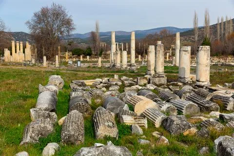 Architectural elements at Turkish archaeological site of Aphrodisias Stock Photos