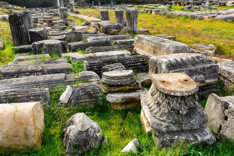 Architectural elements at Turkish archaeological site of Aphrodisias Stock Photos