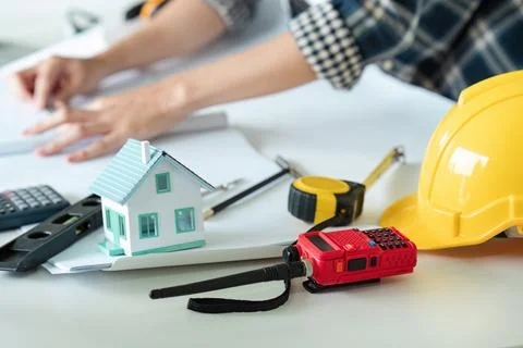 Architectural Engineering Concept with Tools and House Model - Blueprint, Hard Stock Photos