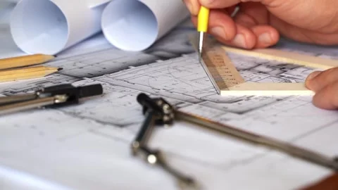 Architectural engineering design plan drawing on the table. Architect's work on Stock Footage 273701362