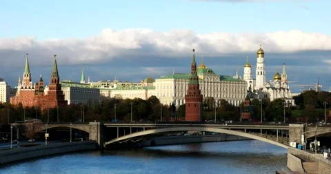 The architectural ensemble of the Moscow Kremlin, view from the bridge Stock Footage 68736122