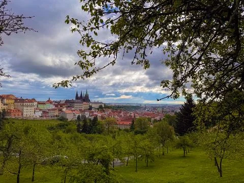 The architectural ensemble of Prague Castle, featuring St. Vitus Cathedral. Stock Photos