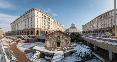 An architectural ensemble of three Socialist Classicism edifices in central S Stock Photos