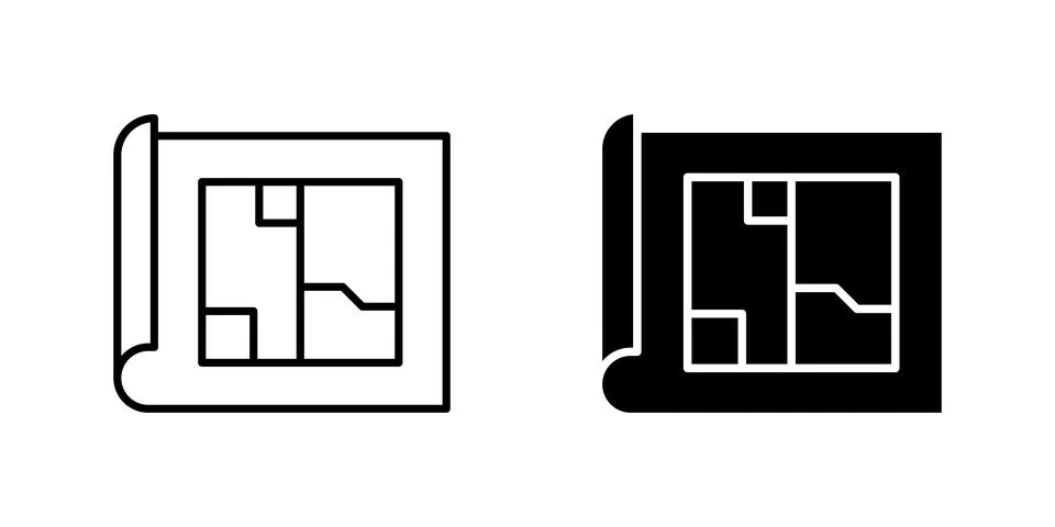 Architectural floor plan blueprint icon set in outline and solid styles Stock Illustration