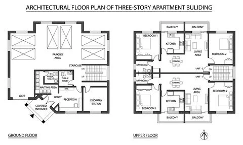 Architectural floor plan drawing of a three-story apartment building featurin Stock Illustration