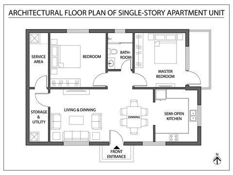 Architectural floor plan line drawing of a single-story apartment unit featur Stock Illustration