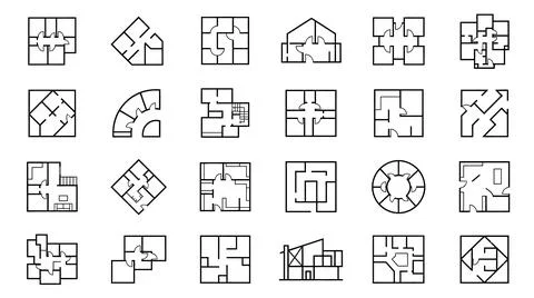 Architectural floor plans set black and white outlines. Stock Illustration