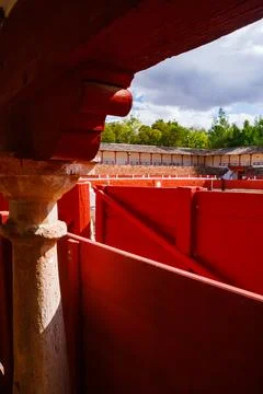 Architectural Framing of Las Virtudes Red Barriers 스톡 사진