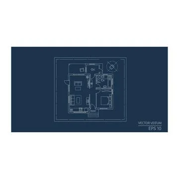 Architectural house floor plan blueprint on dark blue background Stock Illustration