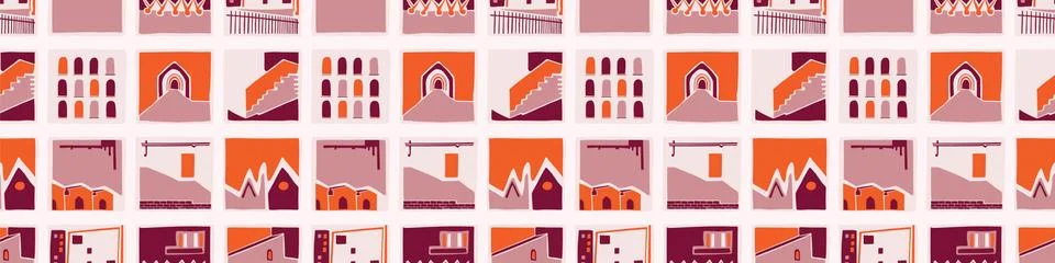 Architectural house windows vector seamless banner pattern. Paper cut style Stock Illustration