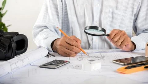 Architectural interior designer working holding magnifying glass and look on Stock Photos
