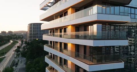 Architectural landmark sharp aerial view, geometric form reflective windows. Stock Footage 301875397