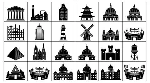 Architectural landmark silhouette collection vector icons set for urban design Stock Illustration
