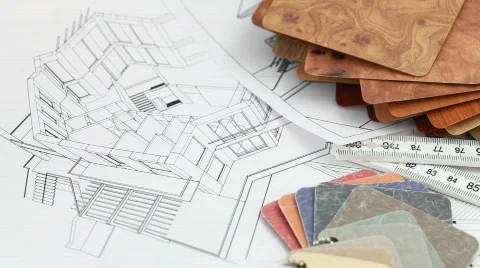 Architectural materials, ruler, blueprints Stock Footage 662724