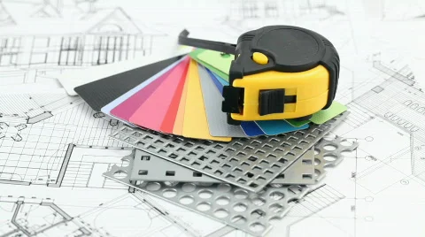 Architectural materials, ruler, blueprints Stock Footage 662822