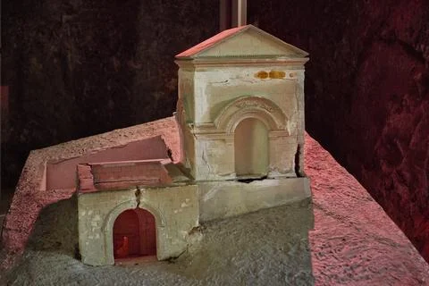 Architectural model of ancient building displayed in museum, featuring deta.. Stock Photos