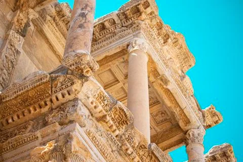 Architectural motifs of library of Celsus Stock Photos