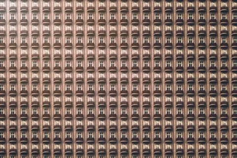 Architectural pattern, dark facade with windows and red round balconies Stock Illustration