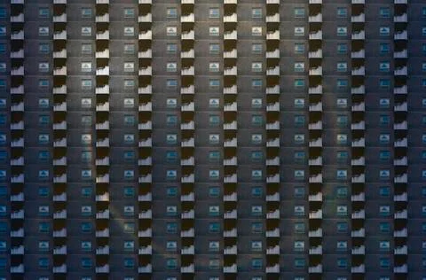 Architectural pattern, dark facade with windows, balconies and round rainbow  Stock Illustration