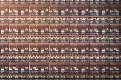 Architectural pattern, old Berlin house with balconies and Chinese parasols Stock Photos