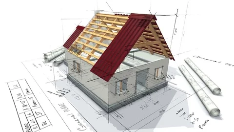 Architectural plan for building a house and a mock house with a roof. 3d looping Stock Footage 82450706