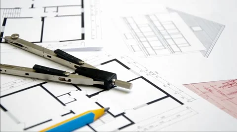 Architectural plan compass and pencil Stock Footage 46318457
