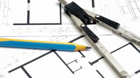 Architectural plan compass and pencil Stock Footage 46318522
