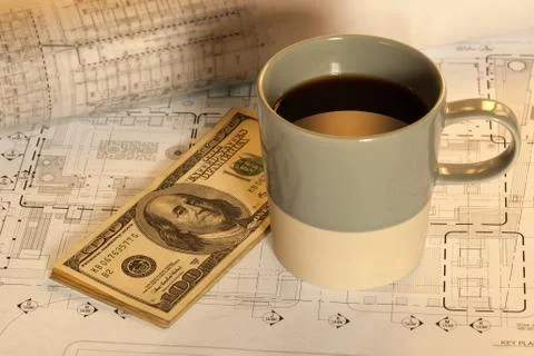 Architectural plan with money Stock Photos