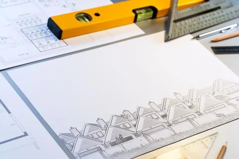 Architectural plans  with tools. Stock Photos