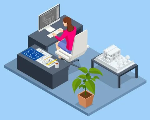 Architectural Project Isometric Concept. Professional Architects and Designers Stock Illustration