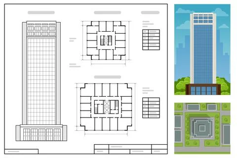 Architectural Project, modern project of building. Wireframe building Ilustración de archivo