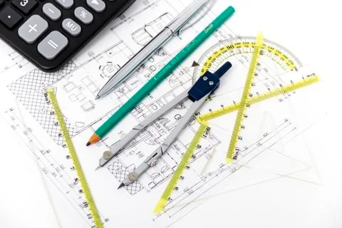 Architectural project, pair of compasses, rulers and calculator Stock Photos