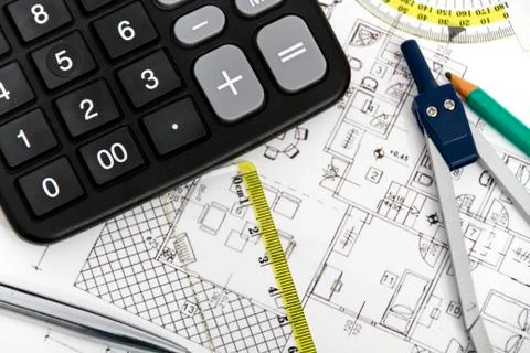 Architectural project, pair of compasses, rulers and calculator Stock Photos