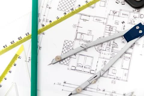 Architectural project, pair of compasses, rulers and calculator Stock Photos