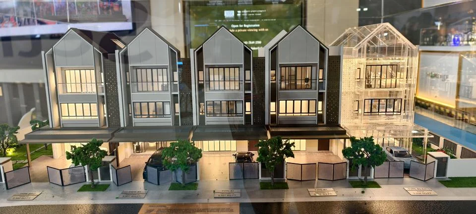 Architectural scale model of five adjacent multi‑story houses Foto stock