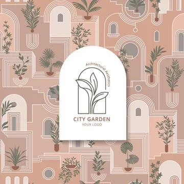 Architectural seamless pattern with plants and logo city garden for hotel Stock Illustration