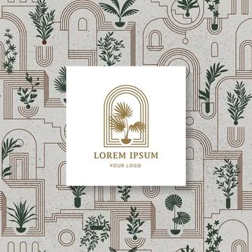 Architectural seamless pattern with plants and logo city garden for hotel Stock Illustration