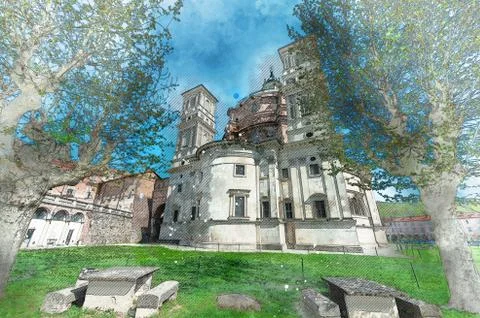 Architectural sketch about Sanctuary of Vicoforte, Cuneo (Italy). Stock Illustration