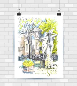 Architectural sketch landscape hand drawn illustration Stock Illustration