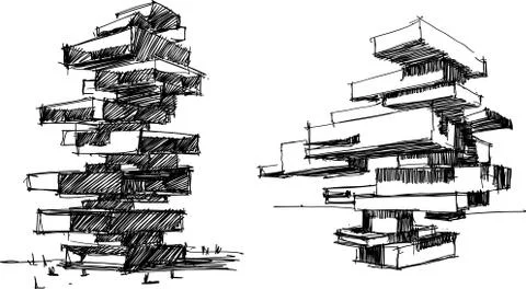 Architectural sketch of two modern abstract buildings Ilustración de archivo