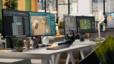 Architectural software, in empty office space, for floor plan interior design Stock Photos