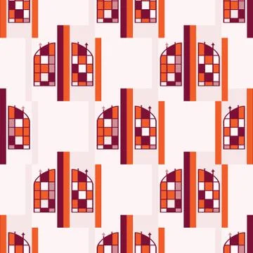 Architectural stained glass window vector seamless pattern. Paper cut style Stock Illustration
