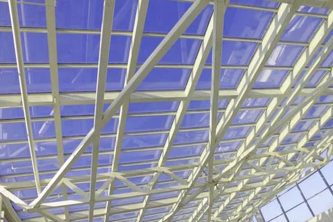 Architectural structure in form of white ceilings and glass roof. Through roo Stock Photos