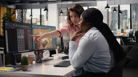 Architectural team using professional tools and 3D rendering software Stock Photos