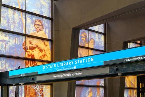 Architectural View of State Library Station Featuring Striking Indigenous A.. Stock Photos