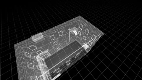 Architectural White Wireframe Building Design in a Digital Grid Space Stock Footage 344734715
