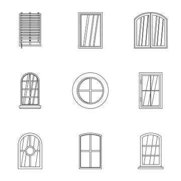 Architectural window icon set, outline style Stock Illustration