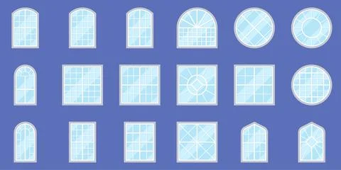 Architectural Window Styles Collection Flat Vector Set on Blue Background Stock Illustration